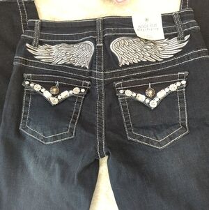 Women's Dark Wash Jeans with Wing Embroidery And Bling Y2K Revival NWT 7